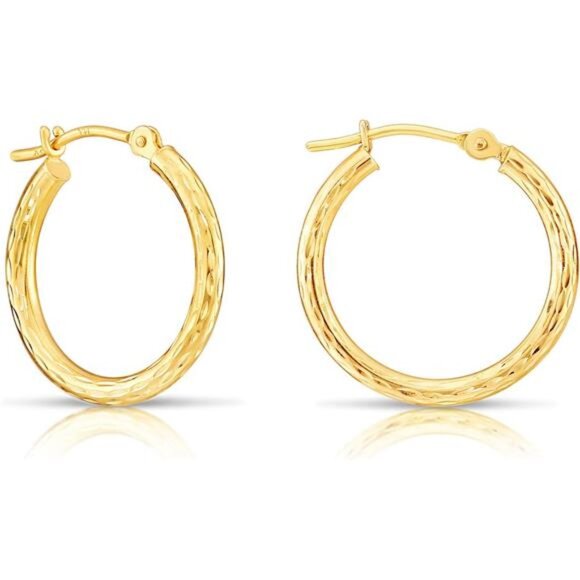 14k Yellow Gold Hand Engraved Full Diamond-cut Round Hoop Earrings - Picture 8 of 14